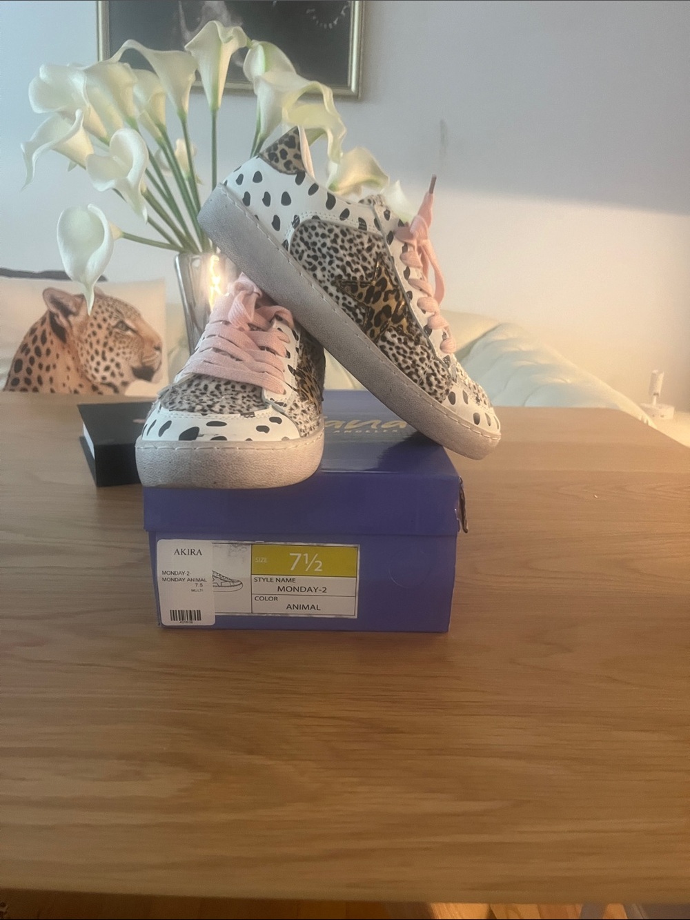 AKIRA Animal Print Sneakers with Pink Laces